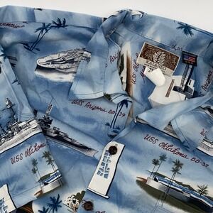 Kalaheo Hawaiian Shirt Men's Size 2XL Navy Ships Pearl‎ Harbor Made In USA EUC